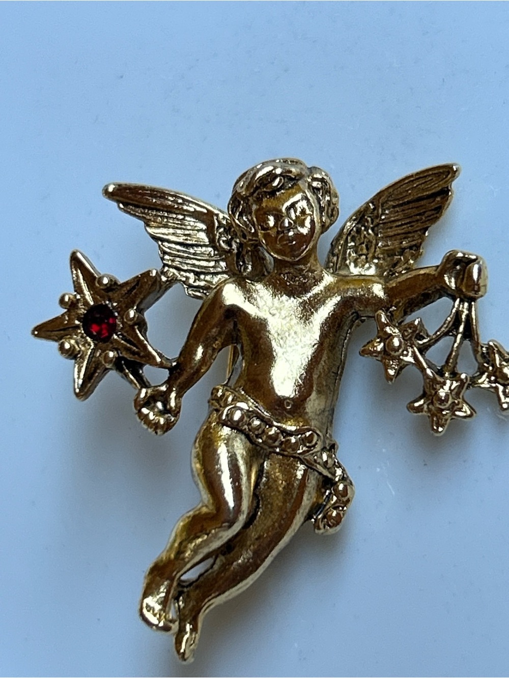 Gold Tone Cherub Angel Brooch with Red Rhinestone Accent